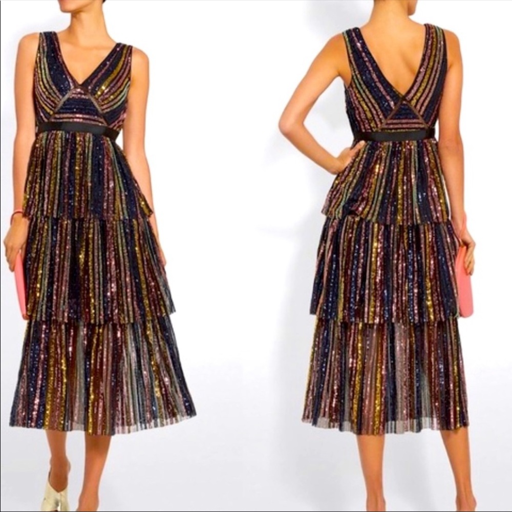 Self Portrait Tired Striped Sequin Midi NWT